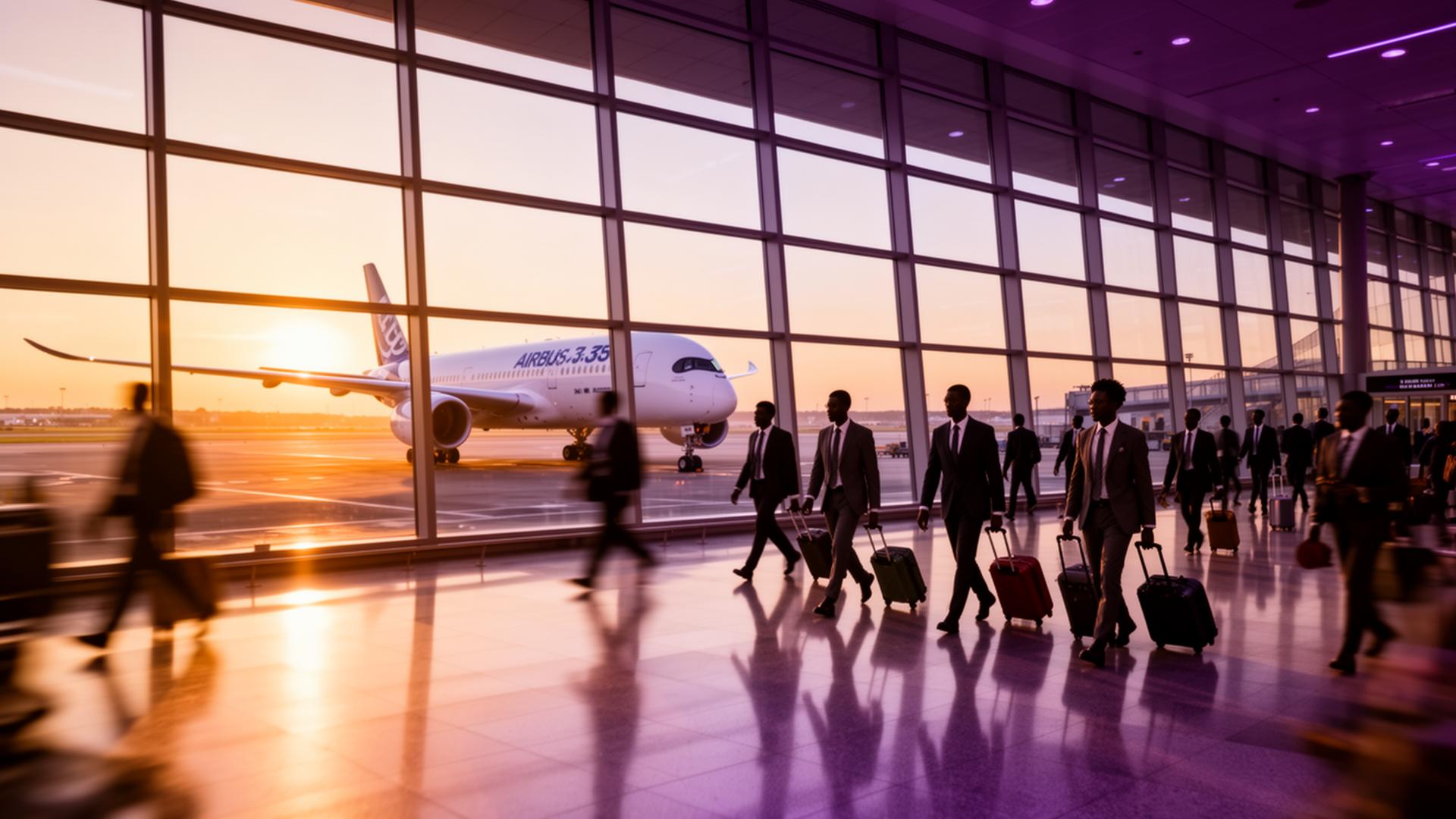 Travelers at international airport at sunset